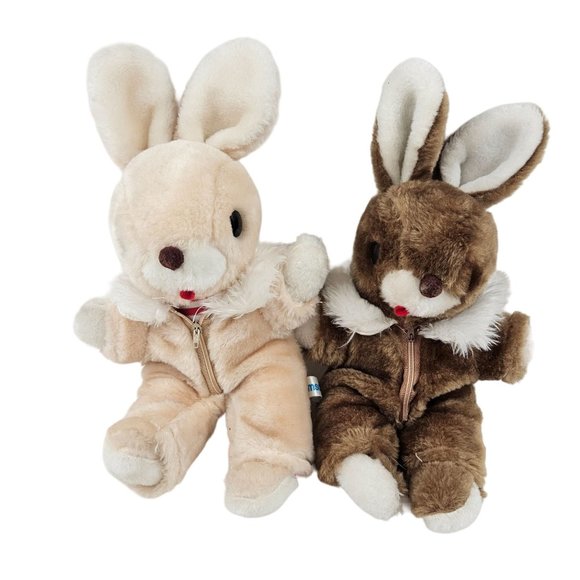 Vintage Amscan Bunny Rabbit Stuffed Animal Plush Beige Brown Zip Jumpsuit - Picture 1 of 9